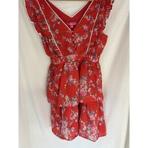 Betsey Johnson Red Garden Floral Print Seersucker Tiered Ruffle Dress Medium